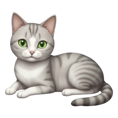 full body tiny short hair grey and white cat with white front legs and green  eyes lying down sticker