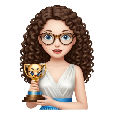 A girl with white pale skin, full lips, brunette LONG curly hair. She is wearing a white  silk dress. She is holding an award and happy. She has a leopard print round-ish shaped glasses. She has blue eyes. sticker