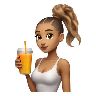 Ariana Grande wearing spray tan and holding a cookie and a glass of orange juice, she is wearing a high ponytail and staring directly sticker