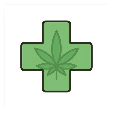 green cross with a faint cannabis leaf pattern inside, simple icon sticker