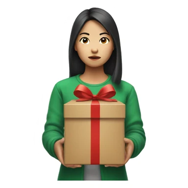 Asian girl with annoyed face holding Christmas box sticker