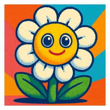 Make the plush flower toy with white petals and a yellow center, vibrant style, big eyes, fuzzy texture. sticker