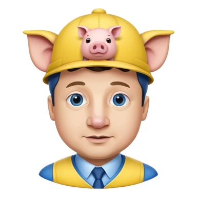 President Zelensky's head on a pig body wearing a yellow and blue hat sticker