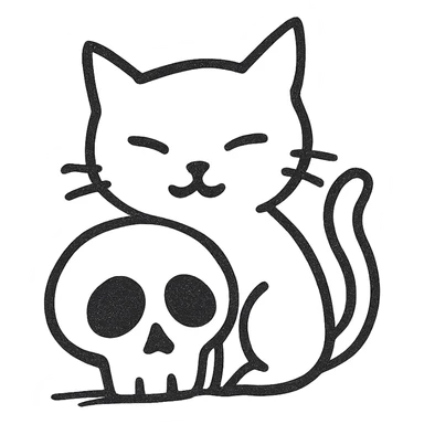 black cat with a skull, hand-drawn line art sticker