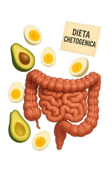 intestino umano anatomico con uova sode e avocado che gli fluttuano intorno insieme ad un foglio con la scritta "DIETA CHETOGENICA" CHE FLUTTUA IN ARIA sticker