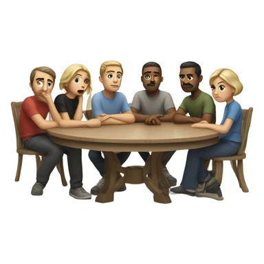 6 Caucasian people sitting around a table looking unhappy sticker