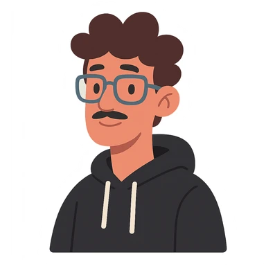 Malay teenager with fluffy hair, long face, light mustache, glasses, and a black hoodie in pastel toon style sticker
