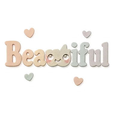 Add a cute kawaii face and tiny pastel hearts to the text, keep the 3D paper-craft effect, no outline, transparent background sticker