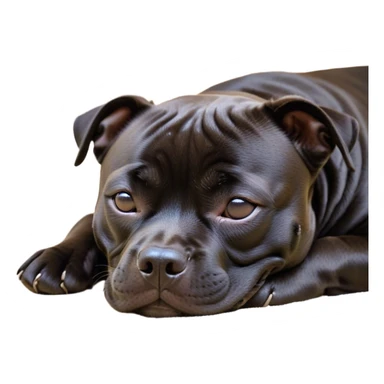 Meme-Worthy Cute Sleeping Black/Brindle Staffordshire Bull Terrier Portrait Emoji, Head resting peacefully with a contented smile, showcasing a delightfully compact build and a luxuriously soft Fur with an attractive black and brindle blend, eyes shut in a serene nap, Simplified yet hilariously adorable features, highly detailed, glowing with a soft, drowsy light, high shine, relaxed and utterly lovable, stylized with an air of playful laziness, bright and heartwarming, soft glowing outline, capturing the essence of a comically sleepy guardian, so meme-worthy it feels like it could instantly become the next viral sensation of adorable slumber! sticker