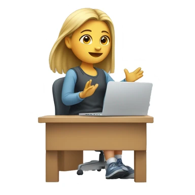Girl sitting in front of the apple computer and raising only right hand above the head sticker