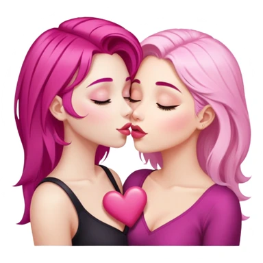 gorgeous pale girl with magenta pink hair latina makeup next to a gorgeous blonde girl with a light pink heart in between eye closed making kiss faces sticker