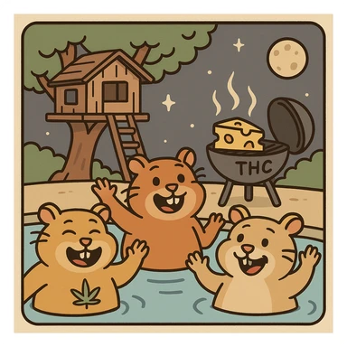 Discord server icon, square format, summer pool cookout scene with up to 3 hamsters waving and smiling, weed leaf, cheese, and THC theme, near a treehouse, in space. Flat toon style, soft but colorful, bold outlines, nostalgic, fun, inviting, summer party vibe, clear composition, less vibrant colors, designed to look good even at tiny size. sticker