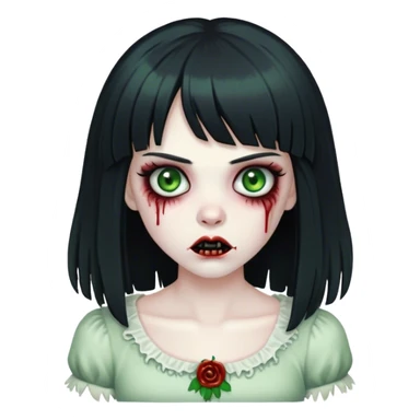 Zombie girl with big black hair and fringe and green eyes sticker
