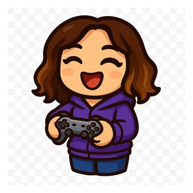 Sticker style chibi emote, matching the attached green heart emote as a base. Woman from reference, purple hoodie and jeans, holding a game controller in a gaming pose, cute excited face, no headband, no wand, transparent background. sticker