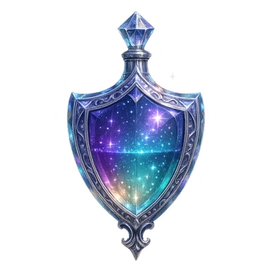 shield-shaped ultra luxurious elixir bottle, elegant color gradient, multi-layered holographic and silver details, intricate crystal facets, magical radiant glowing and sparkling effects, seamless ornate bottom, very small neck, transparent background, floating, no base or shadow, modern, extremely beautiful, matching a collection sticker