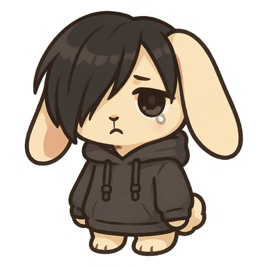 emo bunny, chibi style, oversized hoodie, sad eyes, floppy ears sticker