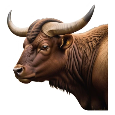 Cinematic Noble Domestic Ox Portrait Emoji, Poised and stalwart, with a massive, muscular build and a thick, smooth hide in deep earthy tones, prominent, curved horns, and steady, soulful eyes, Simplified yet sharp and sophisticated features, highly detailed, glowing with a warm, dignified glow, high shine, intelligent and dependable, stylized with an air of timeless strength, focused and attentive, soft glowing outline, capturing the essence of a watchful and confident ox that feels as though it could plod out of the screen with effortless authority! sticker
