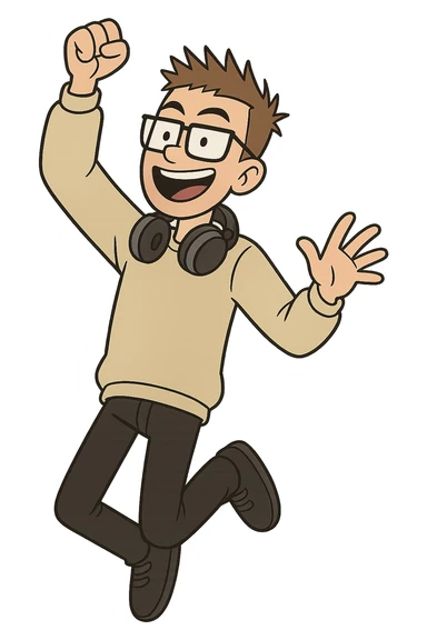 Slava Marlow, energetic pose, headphones around neck, no text sticker