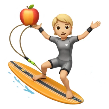 "Apple 3D emoji-style character wakeboarding mid-jump, with arms extended holding an orange rope, legs slightly bent on a yellow board. Stylized water splash behind. Emoji face, rounded body, bright and clean Apple shading." sticker