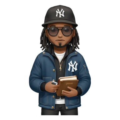 African American man with shoulder length black dreadlocks and black sunglasses wearing a black New York Yankees baseball hat with a North Face brand bubble winter coat with denim skinny jeans and timberland boots walkingholding a bible sticker