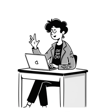 A rockstar female musician with tattoos on her arms, stylish modern haircut with shaved sides, wearing cool rocker clothes, smiling and sitting at a desk with a laptop, raising hand during class sticker