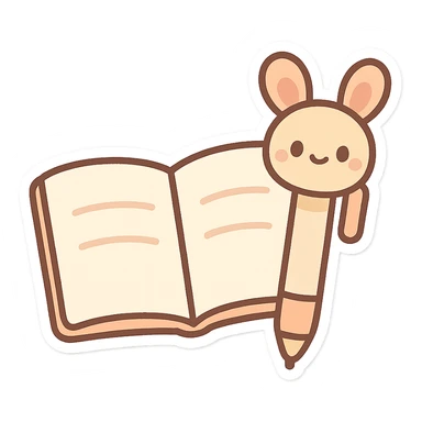 open notebook with a pen with ears, chibi stickers style, cute and cartoonish sticker