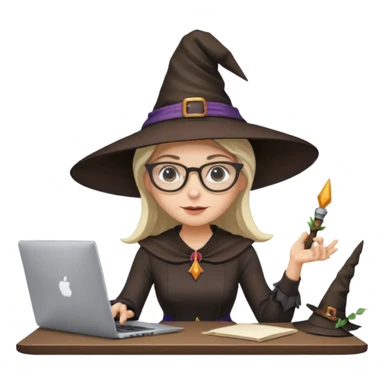 A female video editor wearing glasses, dressed like a witch with a pointed hat, sitting at a laptop editing a video, cinematic lighting, cozy creative studio, professional look, high quality, realistic sticker