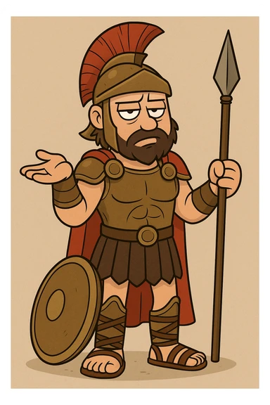 Ares, dieu grec, air blasé, style cartoon, armure antique, casque à crête, pose nonchalante, sans texte sticker