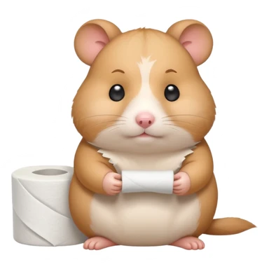 Cute chubby cartoon-style hamster holding toilet paper sitting on toilet looking as if he had an accident, sticker-style illustration sticker