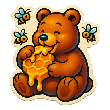 bear eating honeycomb with bees flying around sticker