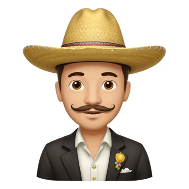 A happy, light skinned, Colombian man, with a small not connected mustache, a small gotee, wearing a Colombian Sombrero Voltiao with black rings on it, and wearing a white dress shirt sticker