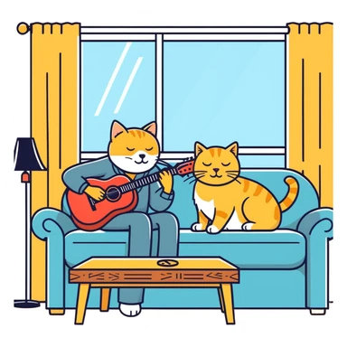  old blind man playing ￼guitar  on the couch ￼with his ￼golden cat  sticker