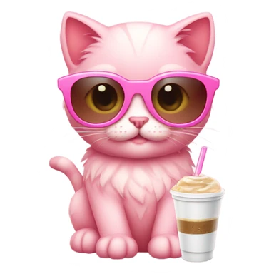 A pink kitten wearing sun glasses and holding a iced coffee sticker