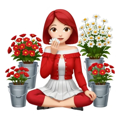 a woman sitting on a tiled surface surrounded by various bouquets of flowers in metal buckets and glass vases. She is holding a single white flower up to her face, covering it playfully. She wears a red off-shoulder cardigan and a white skirt. sticker