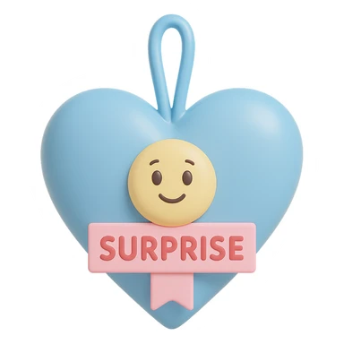 Recreate the blue heart-tagged pink gift in a vinyl figure style, with the name 'Surprise' on the tag, no background. sticker