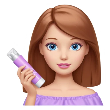 Barbie girl Chestnut Shoulder-length hair and blue eyes is In pale purple applying cream on face sticker