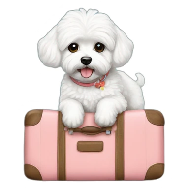 white maltipoo with Hawaiian luggage sticker