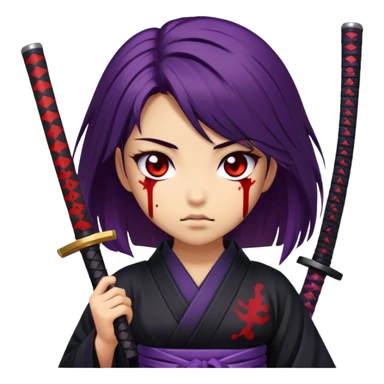 A samurai girl with deep purple hair, black kimono, holding a bloodstained katana sticker