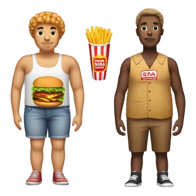 A person with a burger as the torso, potato wedges as the legs, a chicken nugget for the head and a soda and straws for the arm sticker