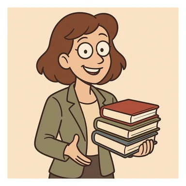 teacher with brown hair holding books, cartoon style, smiling, simple background sticker