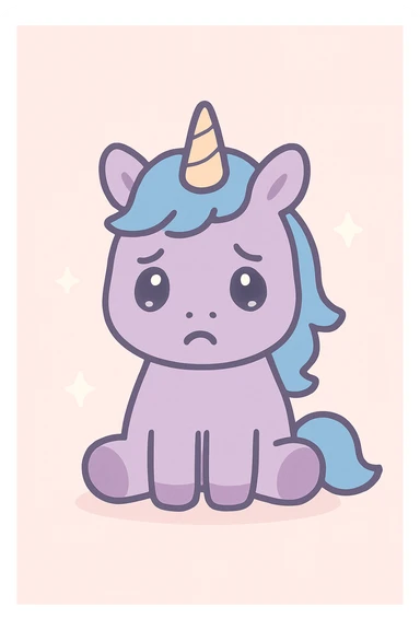 a depressed unicorn with an expressive sad face, muted colors, simple background sticker