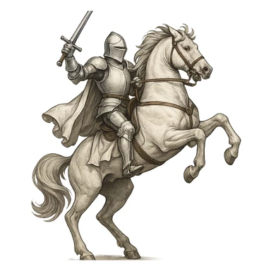 a white knight on a rearing white horse, dynamic, dramatic, clean background sticker
