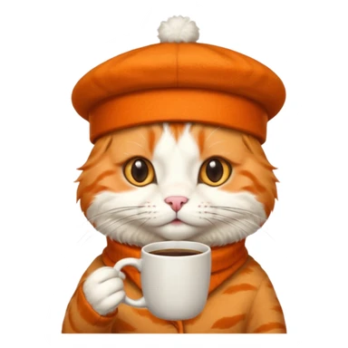 Orange cat, wear beret hat, holding coffee mug sticker