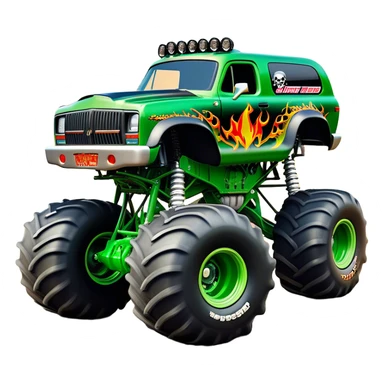 Grave Digger - Monster Jam (Model Year: 2022) (Iconic colour: Green with flames) - A legendary monster truck with a fearsome design: predominantly deep green with dynamic, vibrant flame graphics in bright orange and yellow. Highlight its rough, edgy bodywork and an aura of untamed rebellion. sticker