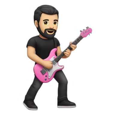 white man with dark beard and black t shirt and pink electric guitar sticker