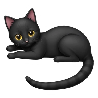 black kitten lying down with curled tail, iPhone emoji style sticker