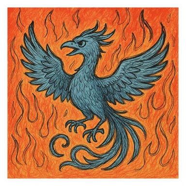 Add a fiery background with flames to the cool phoenix, keep the hand drawn doodle style with sketchy lines and casual hand-drawn look. sticker