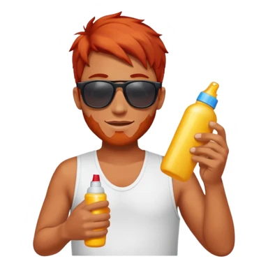 male red haired with suncream bottle and sunglasses, with sun burned sticker