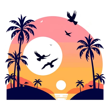 A red yellow and orange sunset with birds blackbird a white moon and with palm trees that are black to look like they’re shadows sticker