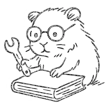 studious guinea pig with glasses, wrench, fixing a book, hand-drawn outlined icon sticker